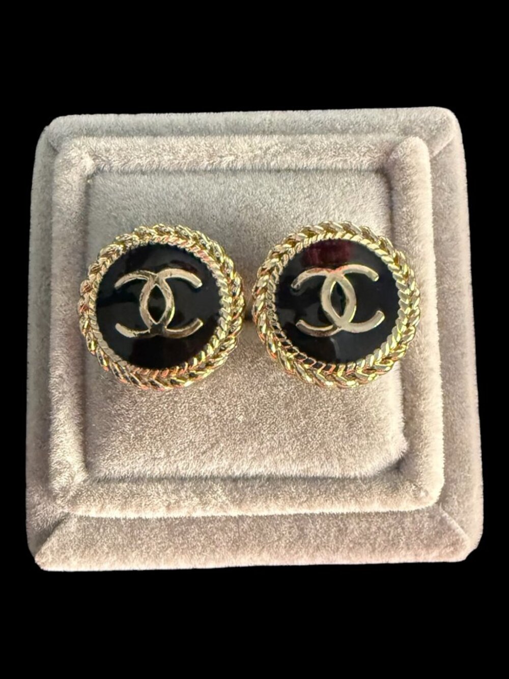 Black Gold Tone Rope Button Earrings